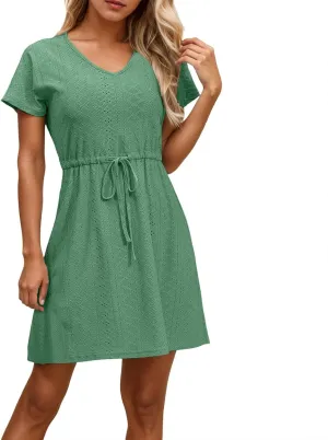 Women's Swimsuit Cover Ups V-Neck Drawstring Slit Eyelet Embroidery Bikini Beachwear Flowy Short Sleeve Women