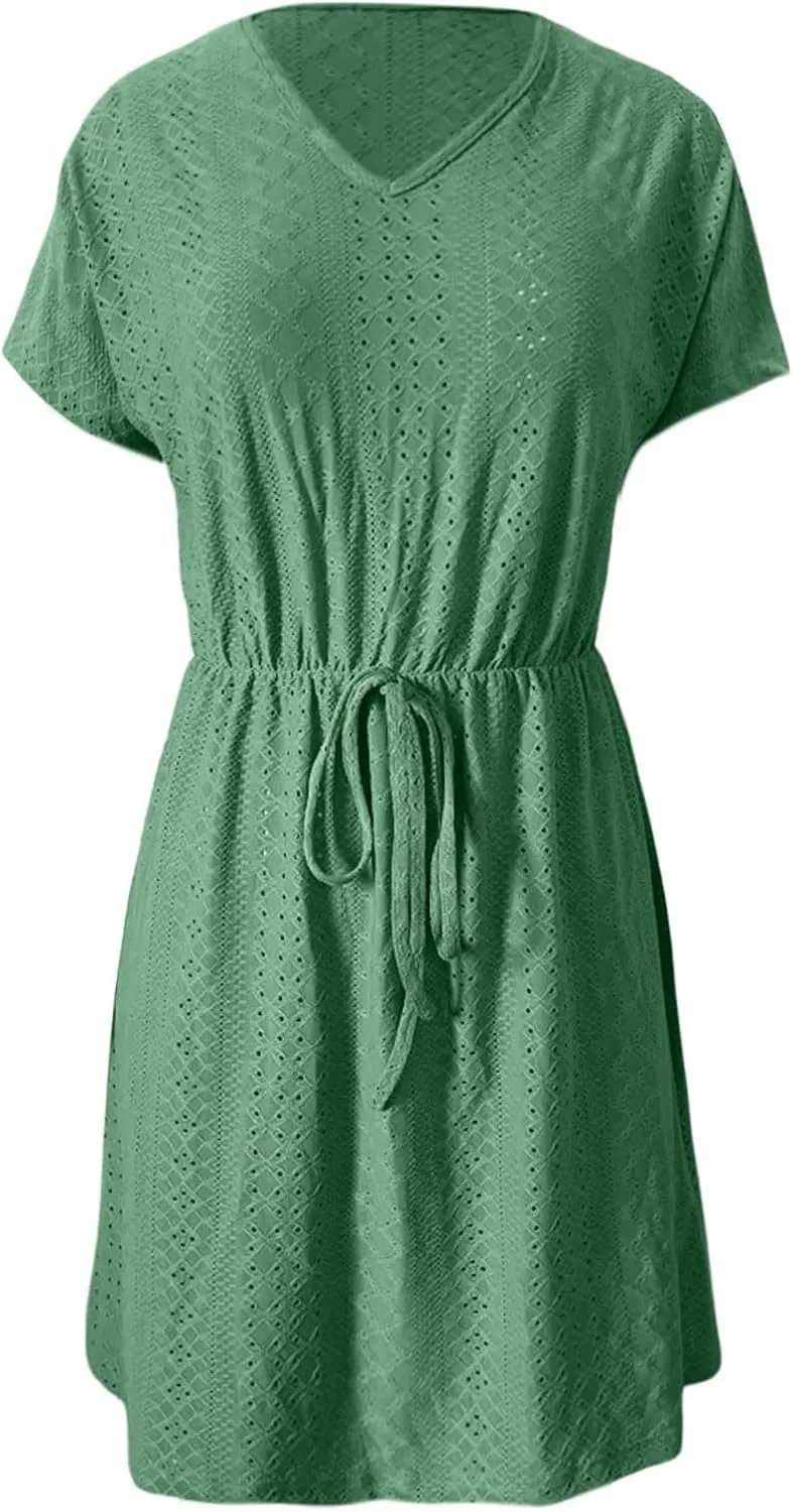 Women's Swimsuit Cover Ups V-Neck Drawstring Slit Eyelet Embroidery Bikini Beachwear Flowy Short Sleeve Women