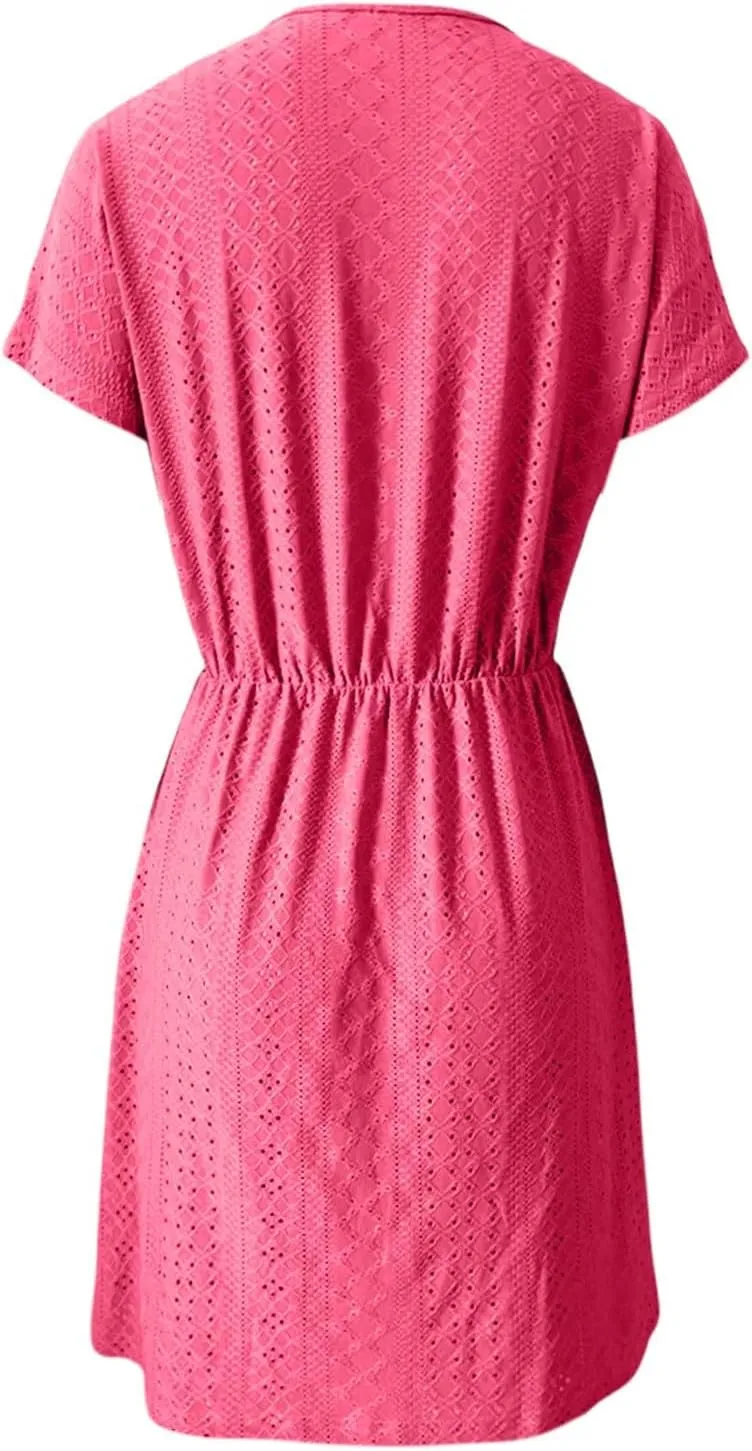 Women's Swimsuit Cover Ups V-Neck Drawstring Slit Eyelet Embroidery Bikini Beachwear Flowy Short Sleeve Women