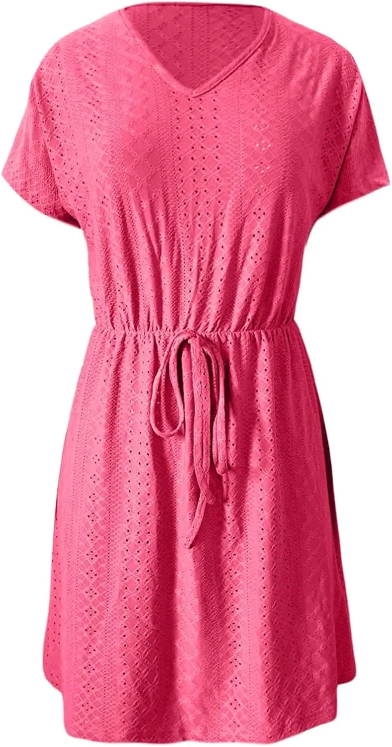 Women's Swimsuit Cover Ups V-Neck Drawstring Slit Eyelet Embroidery Bikini Beachwear Flowy Short Sleeve Women