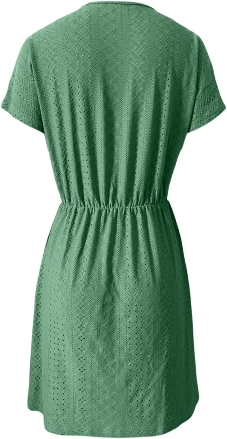 Women's Swimsuit Cover Ups V-Neck Drawstring Slit Eyelet Embroidery Bikini Beachwear Flowy Short Sleeve Women