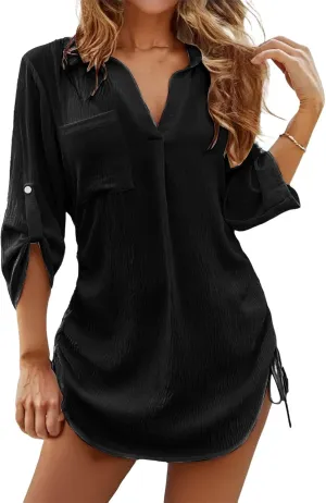 Womens Swimsuit Coverups V Neck Drawstring Bathing Suit Bikini Cover Up Beach Shirt Dresses 2025 Vacation Clothes