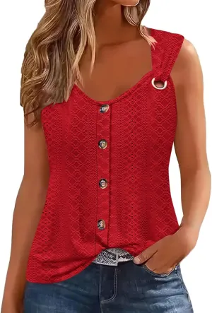 Womens Tank Tops Casual Loose Fit Button Down Eyelet Shirts Embroidered Peasant Boho Clothes Fashion Summer Outfits