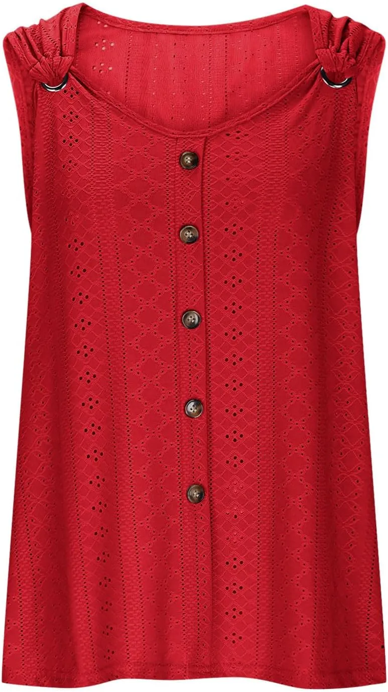 Womens Tank Tops Casual Loose Fit Button Down Eyelet Shirts Embroidered Peasant Boho Clothes Fashion Summer Outfits