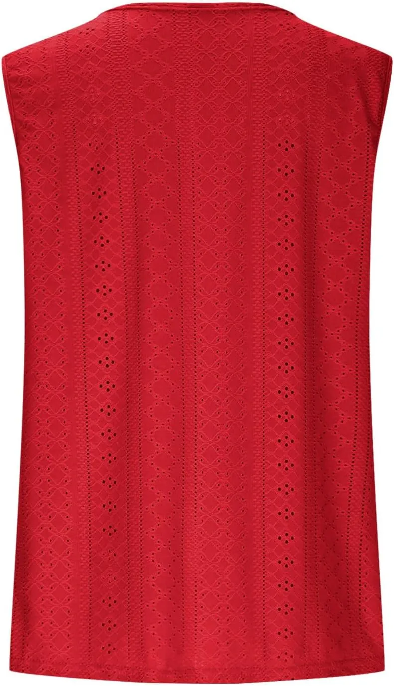 Womens Tank Tops Casual Loose Fit Button Down Eyelet Shirts Embroidered Peasant Boho Clothes Fashion Summer Outfits