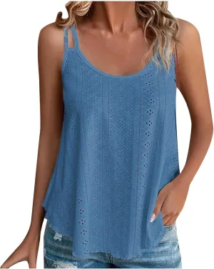 Womens Tank Tops Summer Sleeveless Casual Spaghetti Strap Blouses Eyelet Embroidery Scoop Neck Loose Fit Shirts
