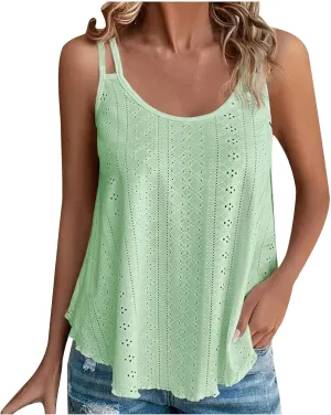 Womens Tank Tops Summer Sleeveless Casual Spaghetti Strap Blouses Eyelet Embroidery Scoop Neck Loose Fit Shirts