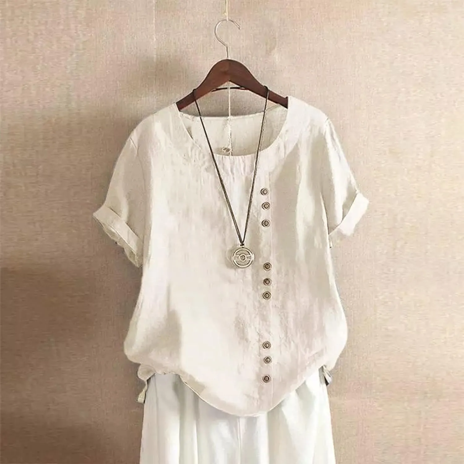 Womens Work Tops Womens Casual Solid Button Top Crewneck Button Tees Linen Plus Size Shirt Loose Short Sleeve Blouse
