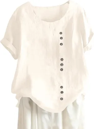 Womens Work Tops Womens Casual Solid Button Top Crewneck Button Tees Linen Plus Size Shirt Loose Short Sleeve Blouse