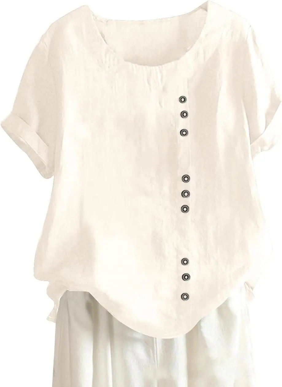 Womens Work Tops Womens Casual Solid Button Top Crewneck Button Tees Linen Plus Size Shirt Loose Short Sleeve Blouse