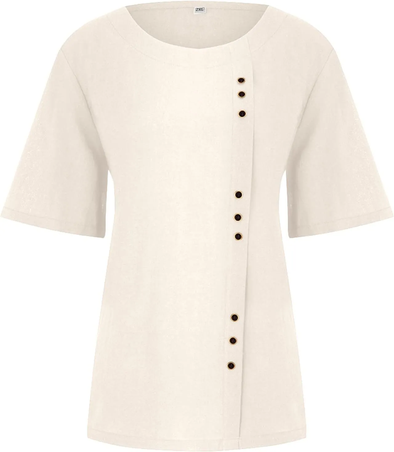 Womens Work Tops Womens Casual Solid Button Top Crewneck Button Tees Linen Plus Size Shirt Loose Short Sleeve Blouse