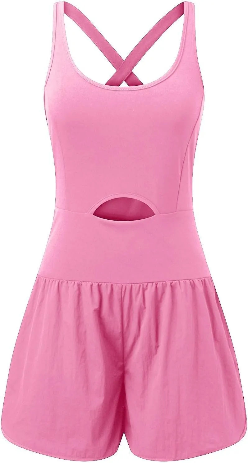 Workout Romper for Women Yoga Running Short Jumpsuit Athletic One Piece Cutout Jumpsuits Casual Summer Exercise Gym Clothes