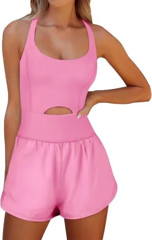 Workout Romper for Women Yoga Running Short Jumpsuit Athletic One Piece Cutout Jumpsuits Casual Summer Exercise Gym Clothes