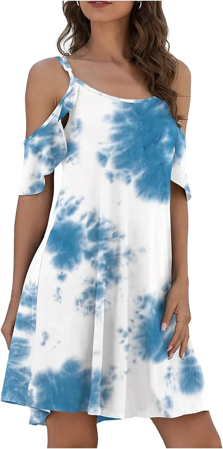 WUAI Women's Summer Casual Spaghetti Strap Sundress Casual Off Shoulder Ruffle Sleeves Shift Loose Mini Dress with Pockets