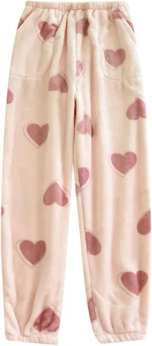 Xiaojmake Fuzzy Pajama Pants for Women Heart Print Comfy Lounge Sleep Pants Fleece Sherpa Lined Baggy Home Pant with Pokcets