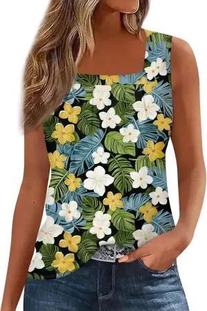 XIAXOGOOL Tank Tops for Women Summer Outfits 2025 Square Neck Casual Shirts Blouses Floral Print Pleated Sleeveless Tunic Top