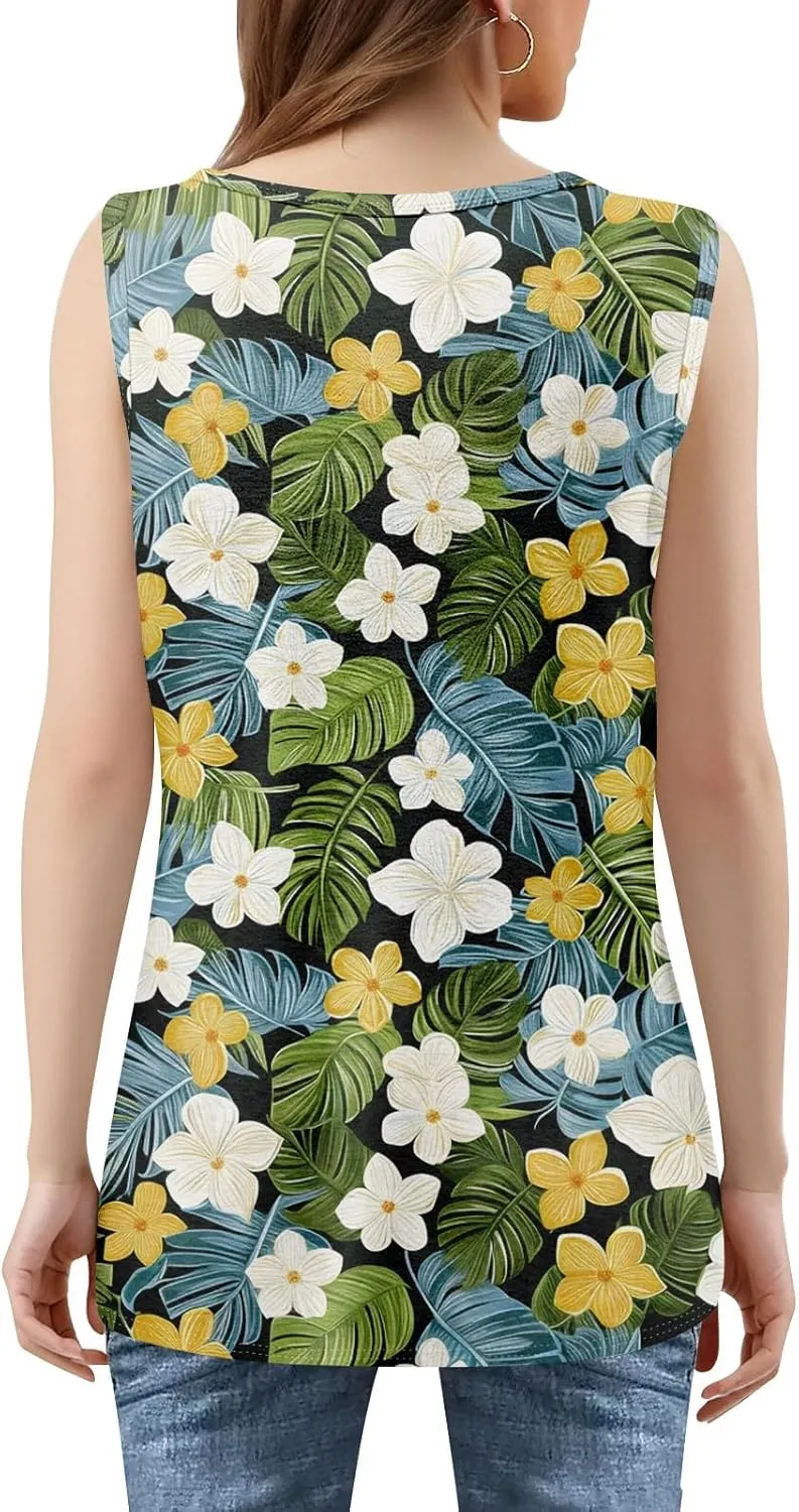 XIAXOGOOL Tank Tops for Women Summer Outfits 2025 Square Neck Casual Shirts Blouses Floral Print Pleated Sleeveless Tunic Top