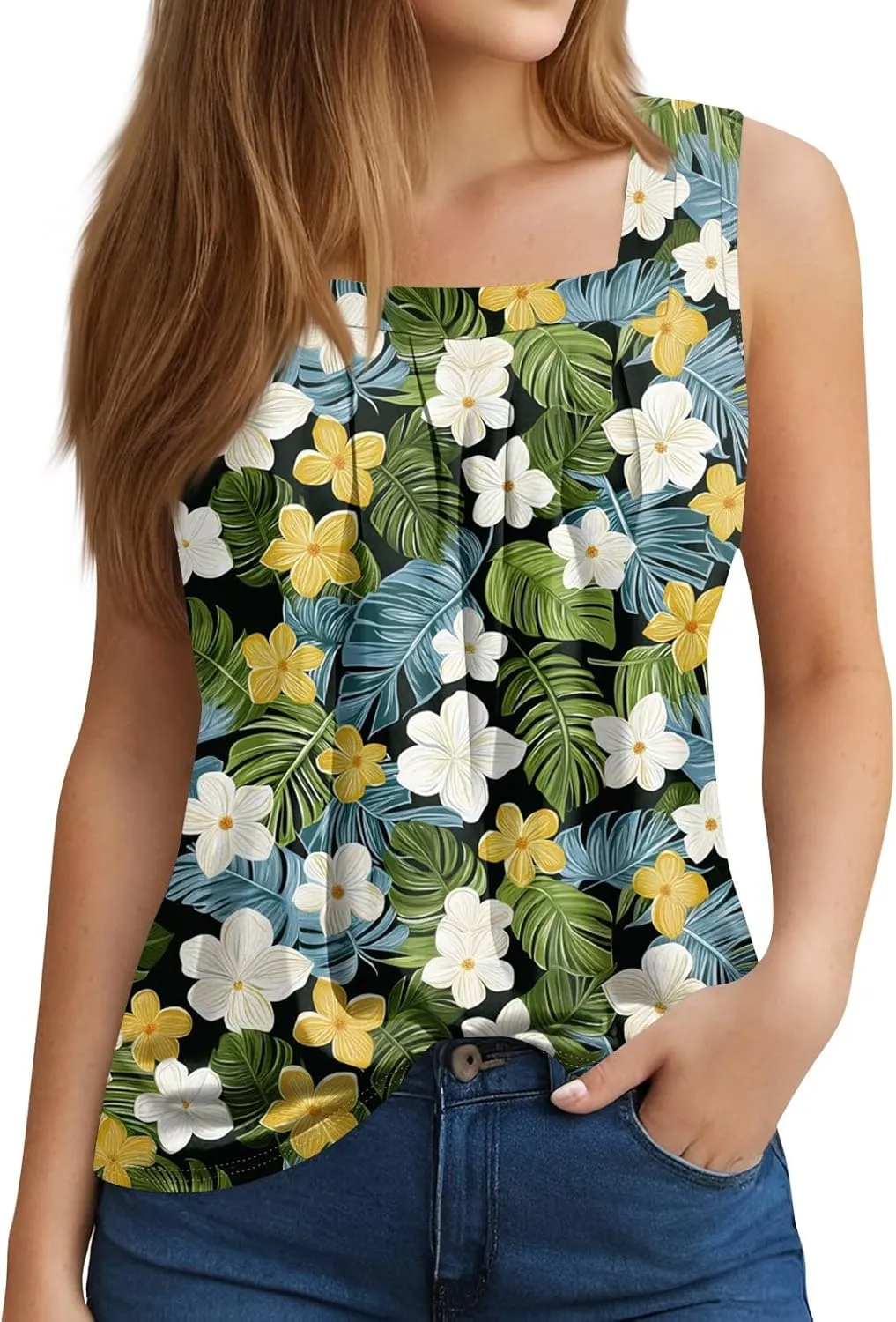 XIAXOGOOL Tank Tops for Women Summer Outfits 2025 Square Neck Casual Shirts Blouses Floral Print Pleated Sleeveless Tunic Top