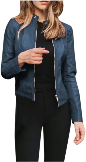XUETON Womens Quilted Lined Faux Leather Jackets Zip Up Motorcycle Short PU Moto Biker Outwear Fitted Slim Coat Outwear(Light blue,XX-Large)