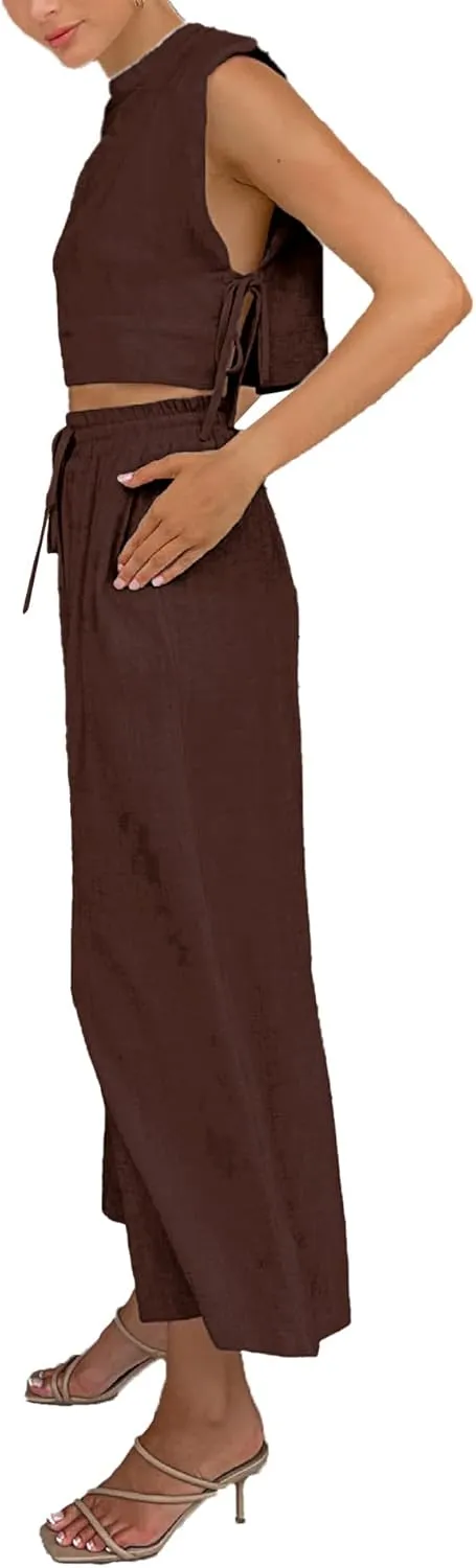 xxxiticat Women's Linen Sets Sleeveless Shoulder Pad Crop Top Drawstring Lace Up Wide Leg Trouser Two Piece Matching Suit