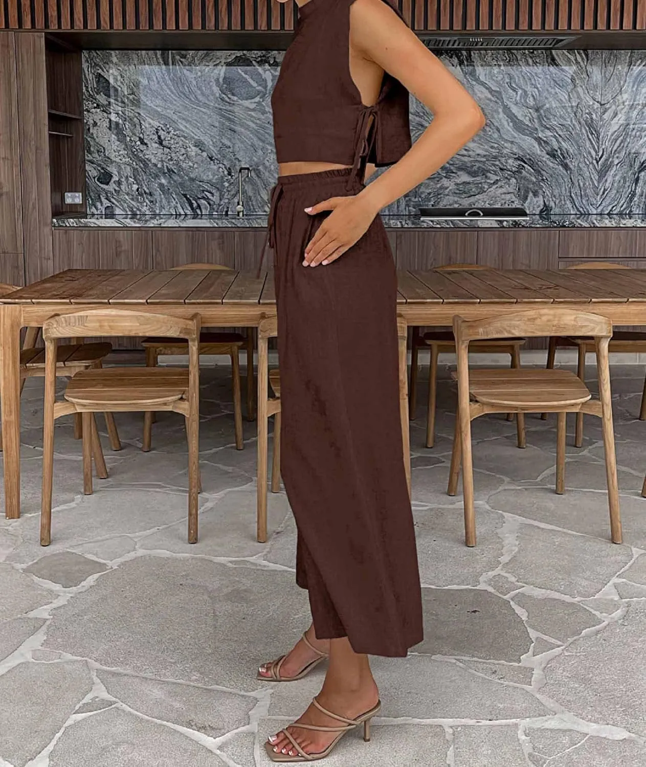 xxxiticat Women's Linen Sets Sleeveless Shoulder Pad Crop Top Drawstring Lace Up Wide Leg Trouser Two Piece Matching Suit