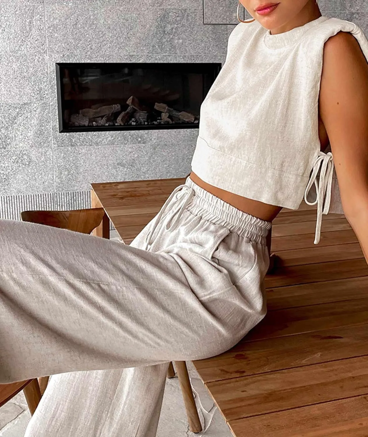 xxxiticat Women's Linen Sets Sleeveless Shoulder Pad Crop Top Drawstring Lace Up Wide Leg Trouser Two Piece Matching Suit