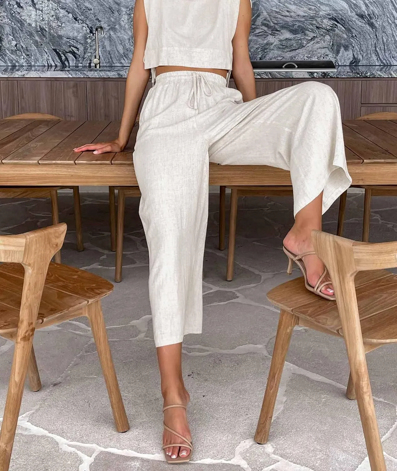 xxxiticat Women's Linen Sets Sleeveless Shoulder Pad Crop Top Drawstring Lace Up Wide Leg Trouser Two Piece Matching Suit