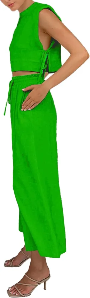 xxxiticat Women's Linen Sets Sleeveless Shoulder Pad Crop Top Drawstring Lace Up Wide Leg Trouser Two Piece Matching Suit