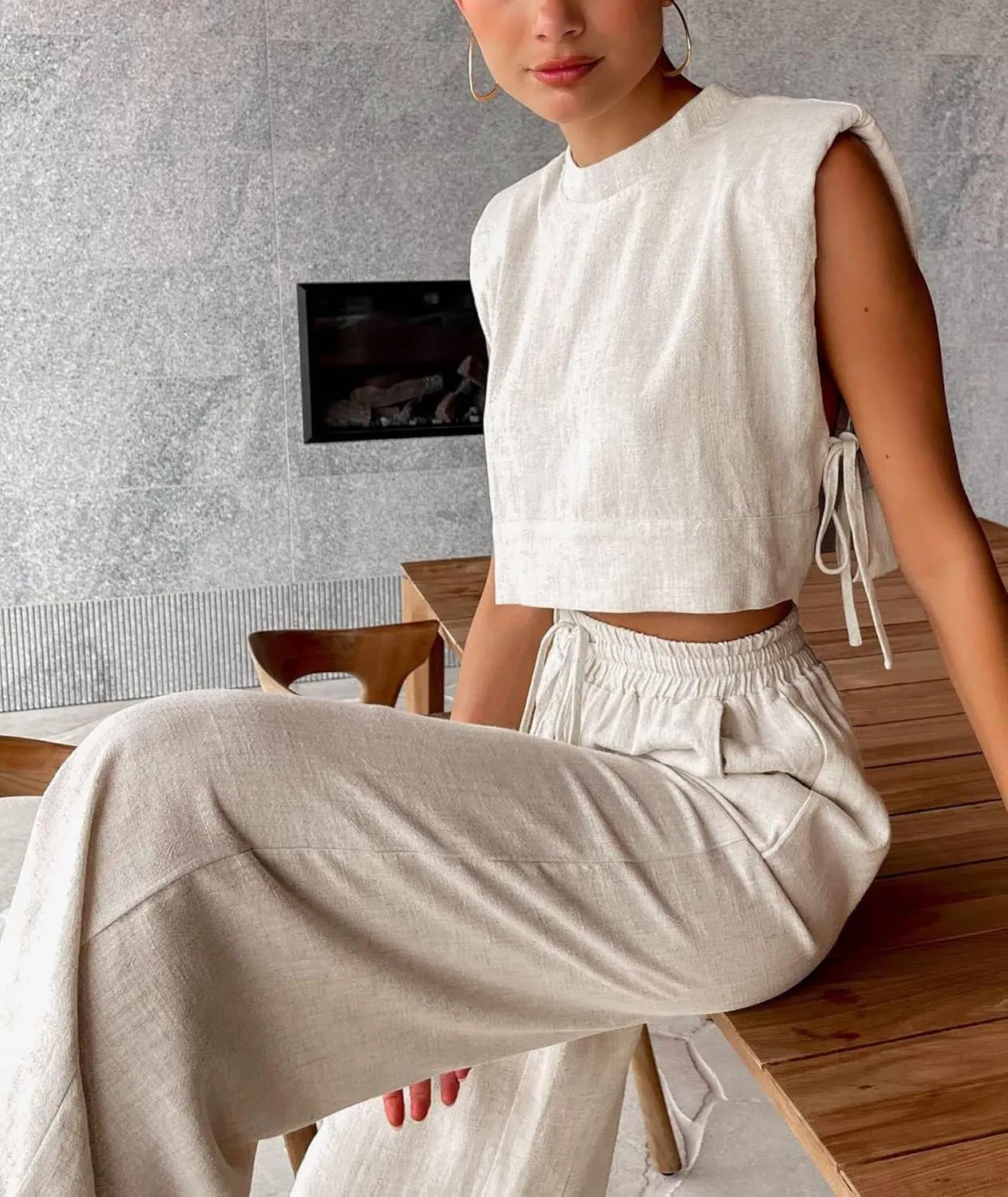 xxxiticat Women's Linen Sets Sleeveless Shoulder Pad Crop Top Drawstring Lace Up Wide Leg Trouser Two Piece Matching Suit