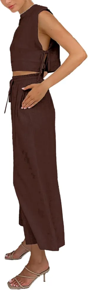 xxxiticat Women's Linen Sets Sleeveless Shoulder Pad Crop Top Drawstring Lace Up Wide Leg Trouser Two Piece Matching Suit