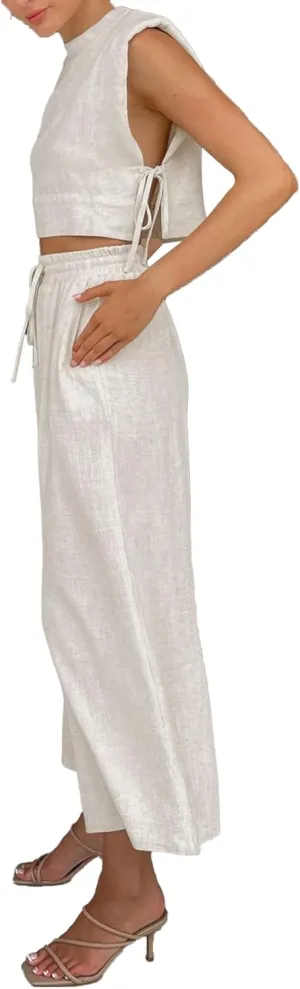 xxxiticat Women's Linen Sets Sleeveless Shoulder Pad Crop Top Drawstring Lace Up Wide Leg Trouser Two Piece Matching Suit