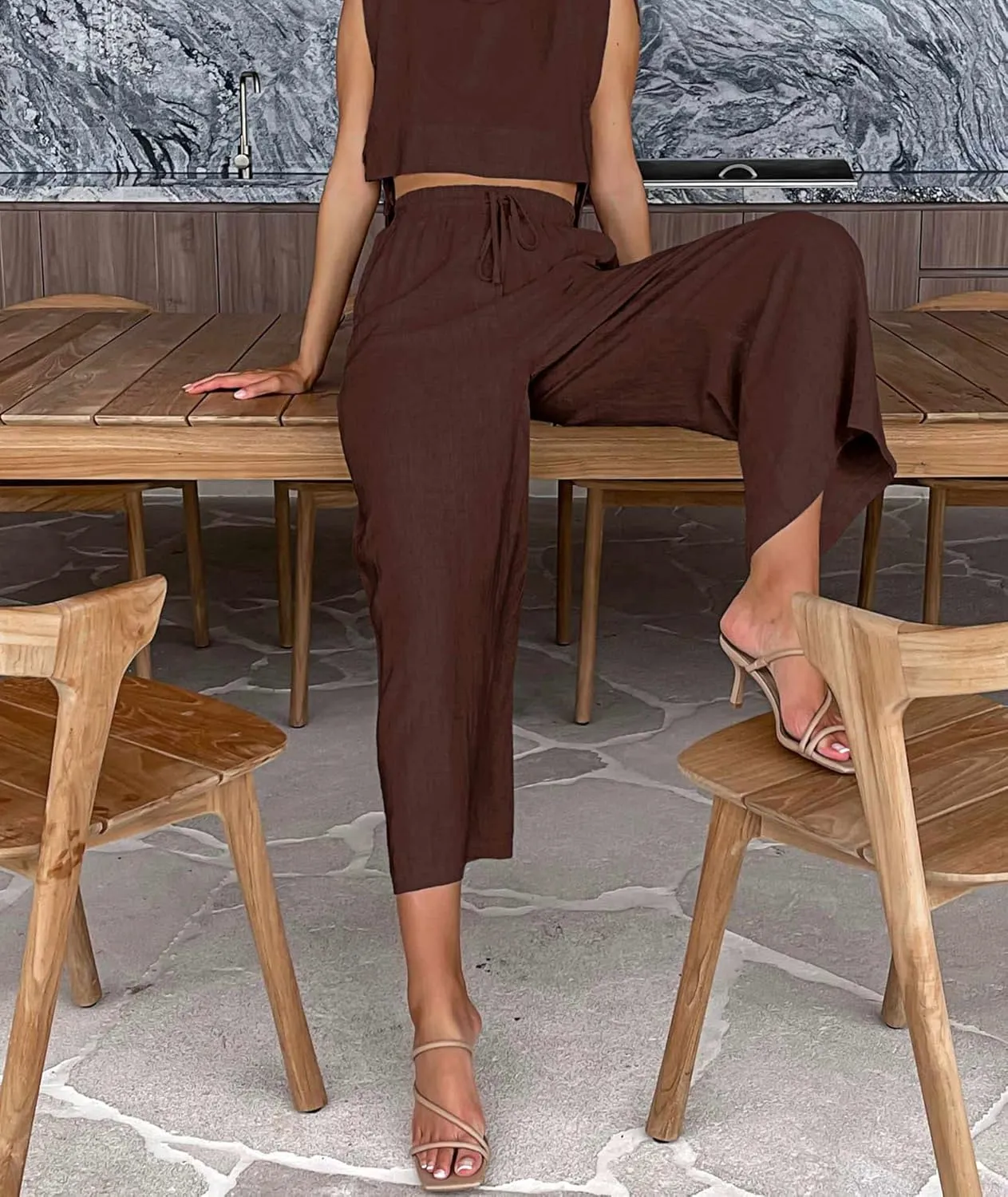 xxxiticat Women's Linen Sets Sleeveless Shoulder Pad Crop Top Drawstring Lace Up Wide Leg Trouser Two Piece Matching Suit