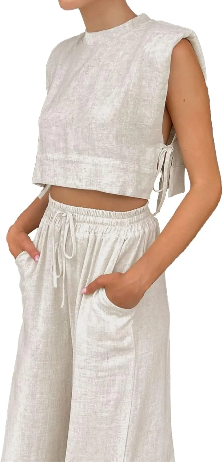 xxxiticat Women's Linen Sets Sleeveless Shoulder Pad Crop Top Drawstring Lace Up Wide Leg Trouser Two Piece Matching Suit