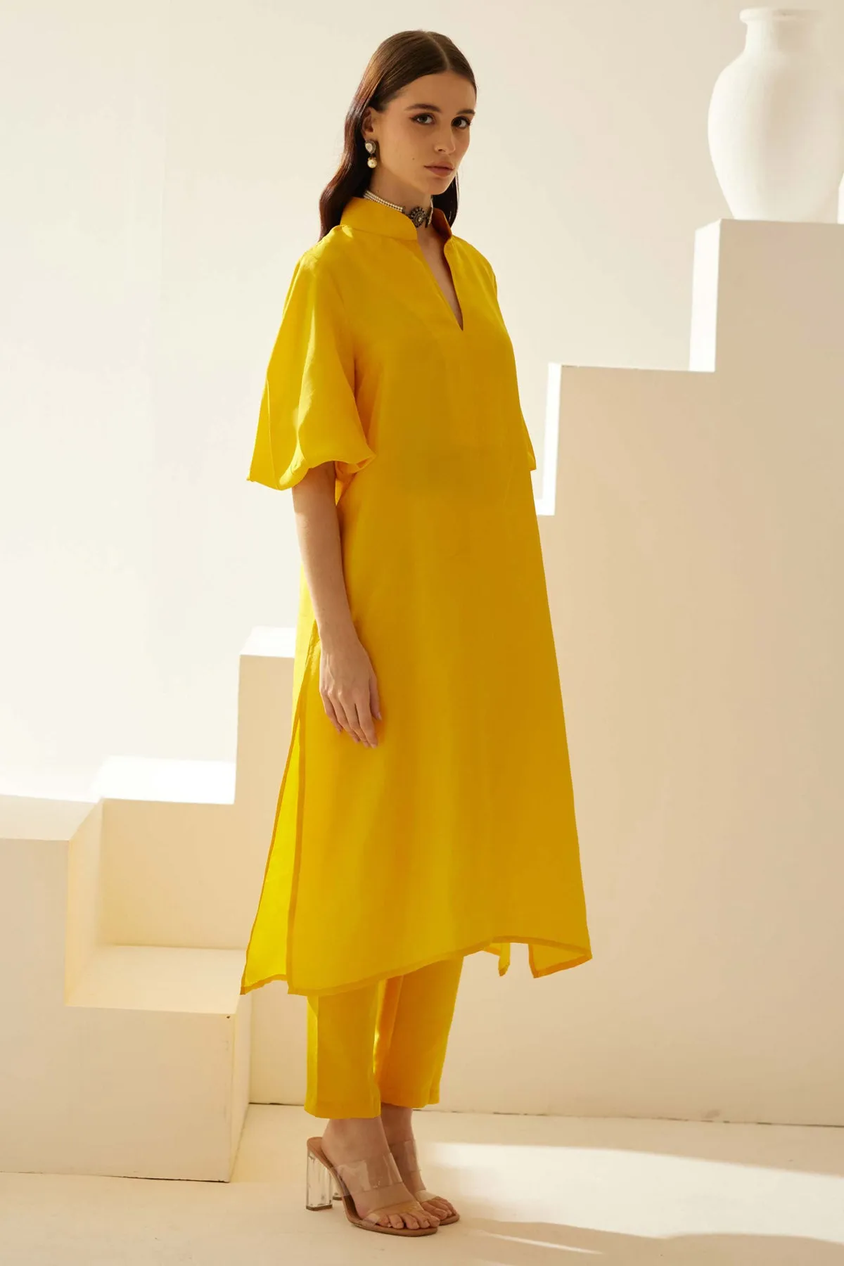 Yellow Silk Side Slit Kurta Set