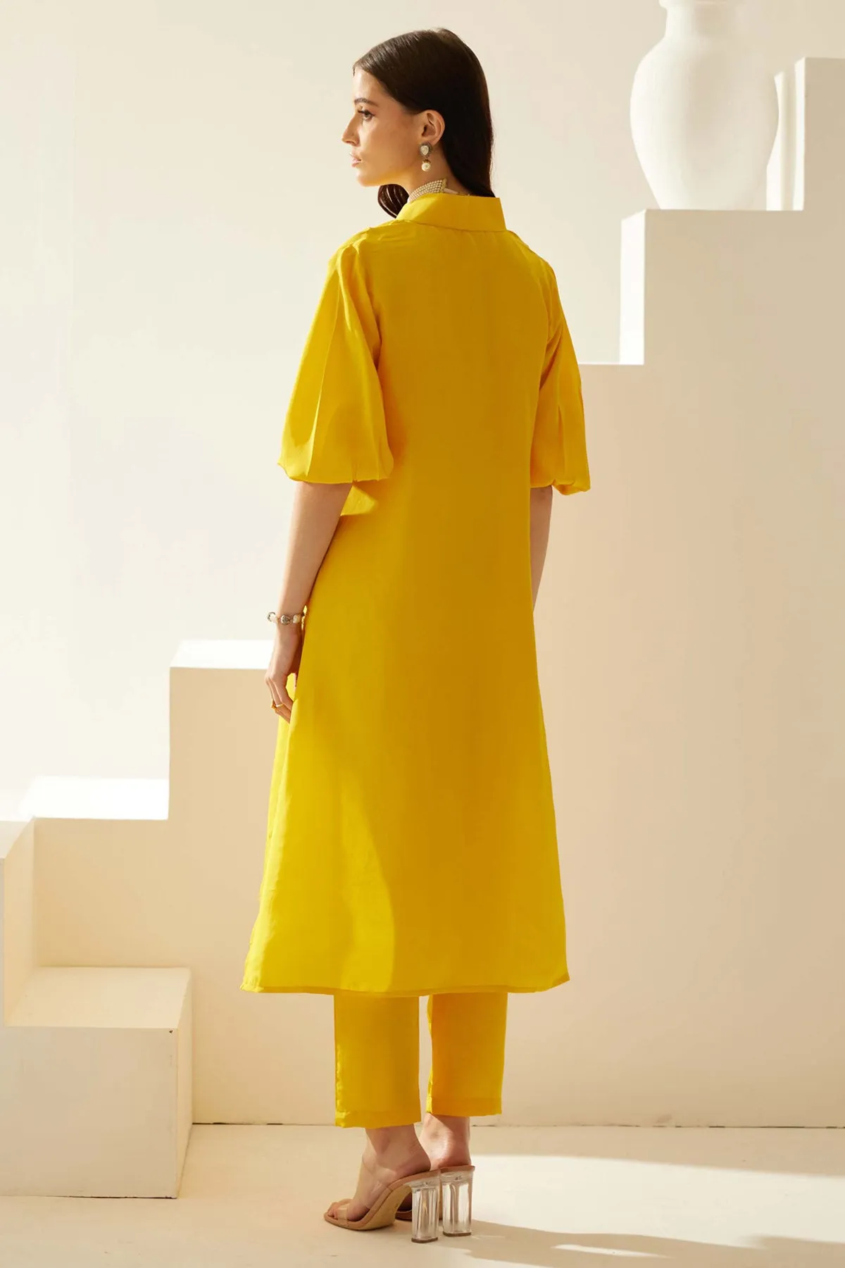Yellow Silk Side Slit Kurta Set