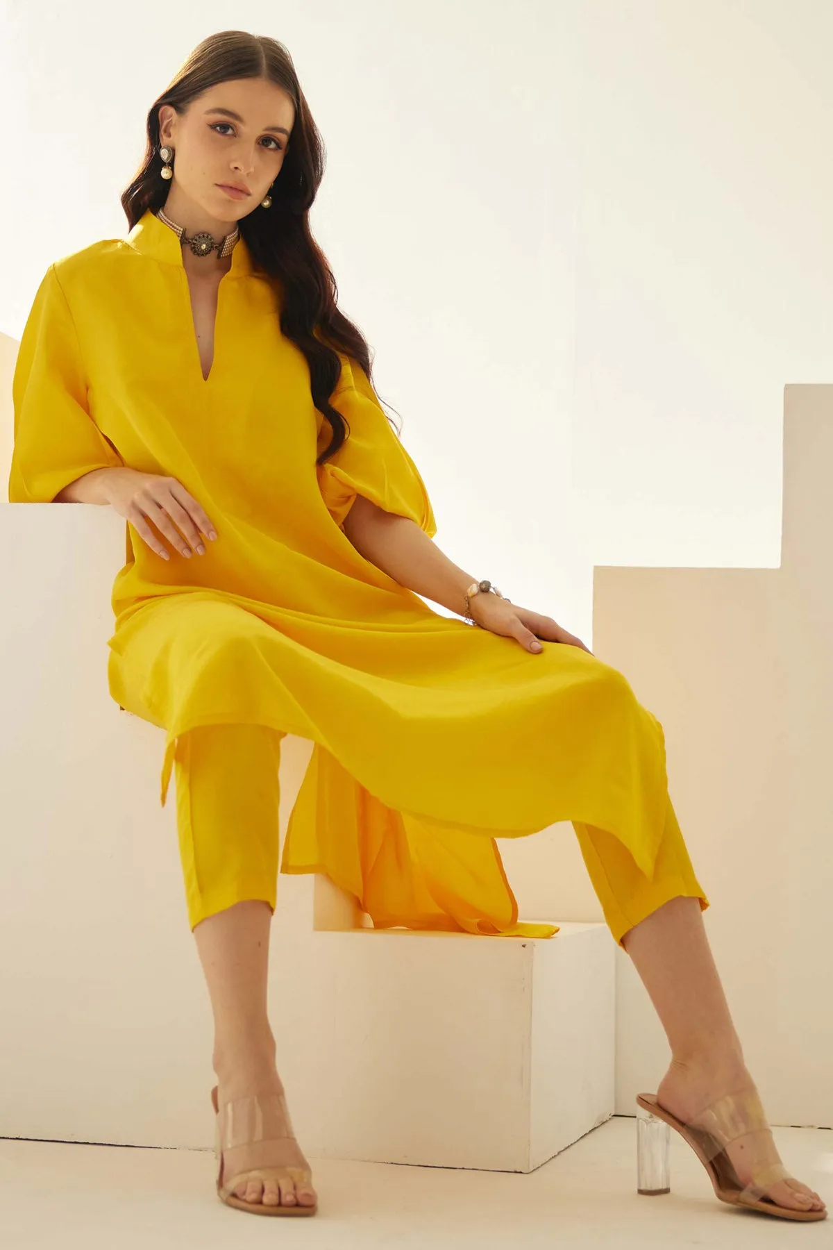 Yellow Silk Side Slit Kurta Set
