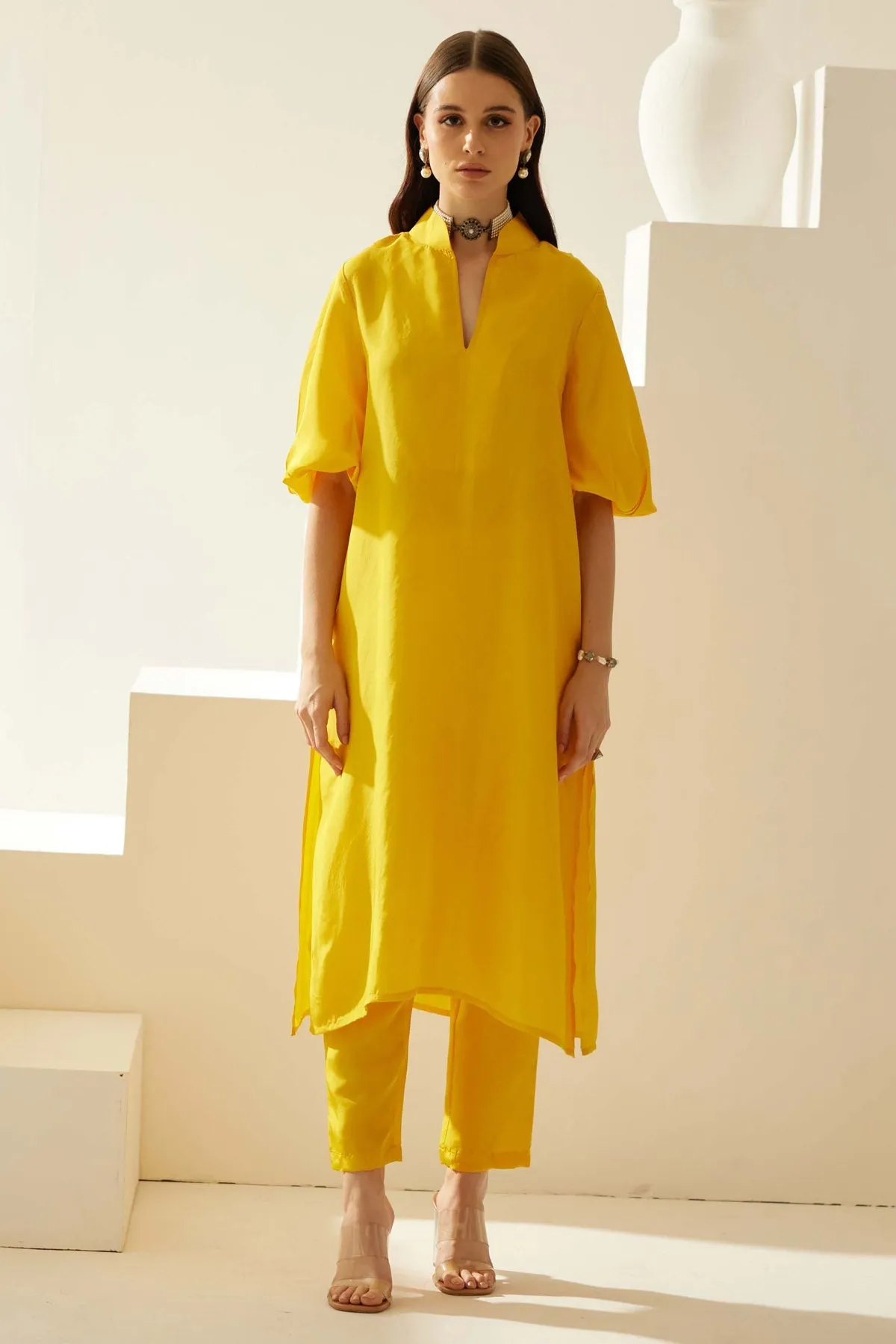 Yellow Silk Side Slit Kurta Set