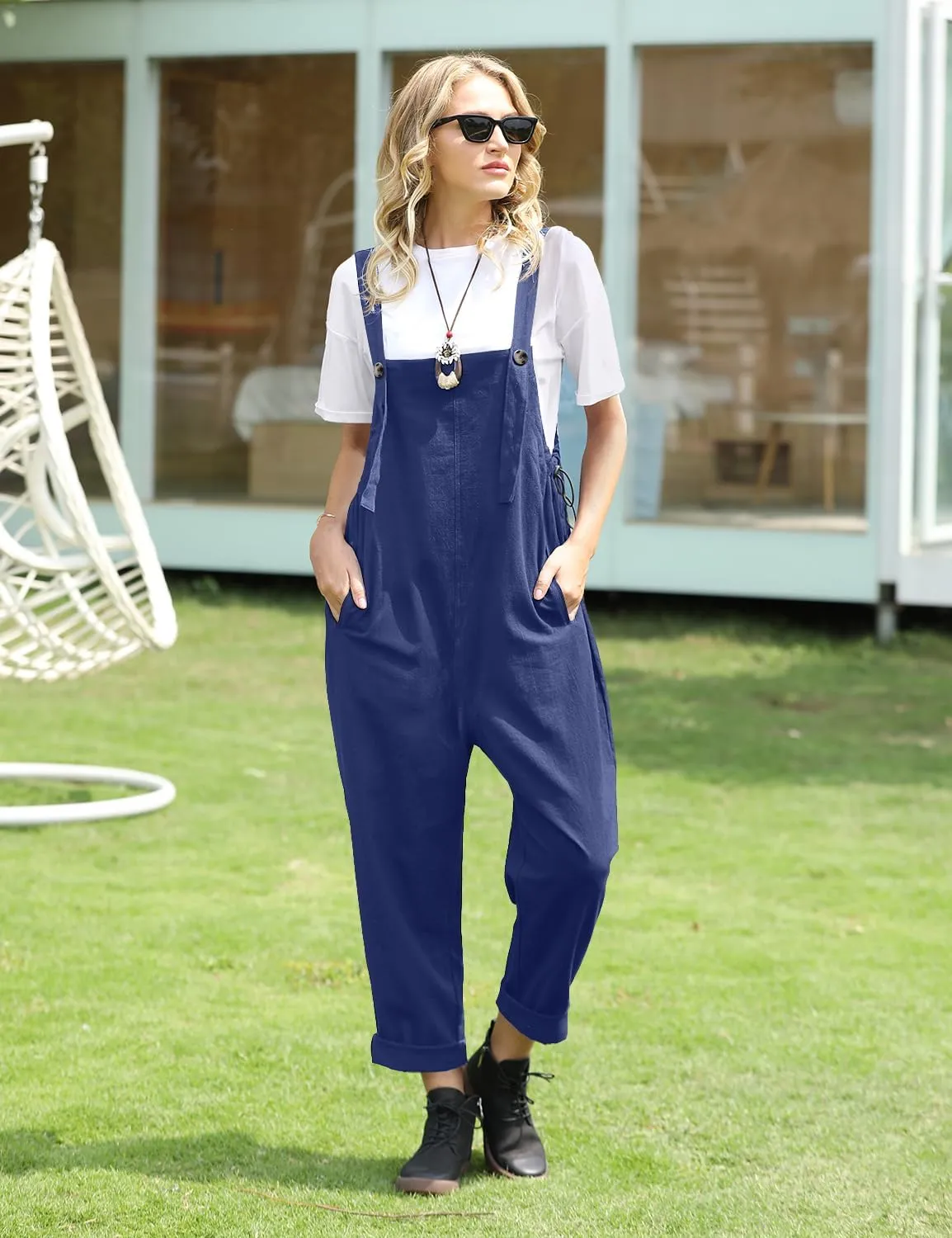 YESNO Women Casual Loose Bib Pants Overalls Baggy Cotton Harem Jumpsuits Rompers with Pockets PV2