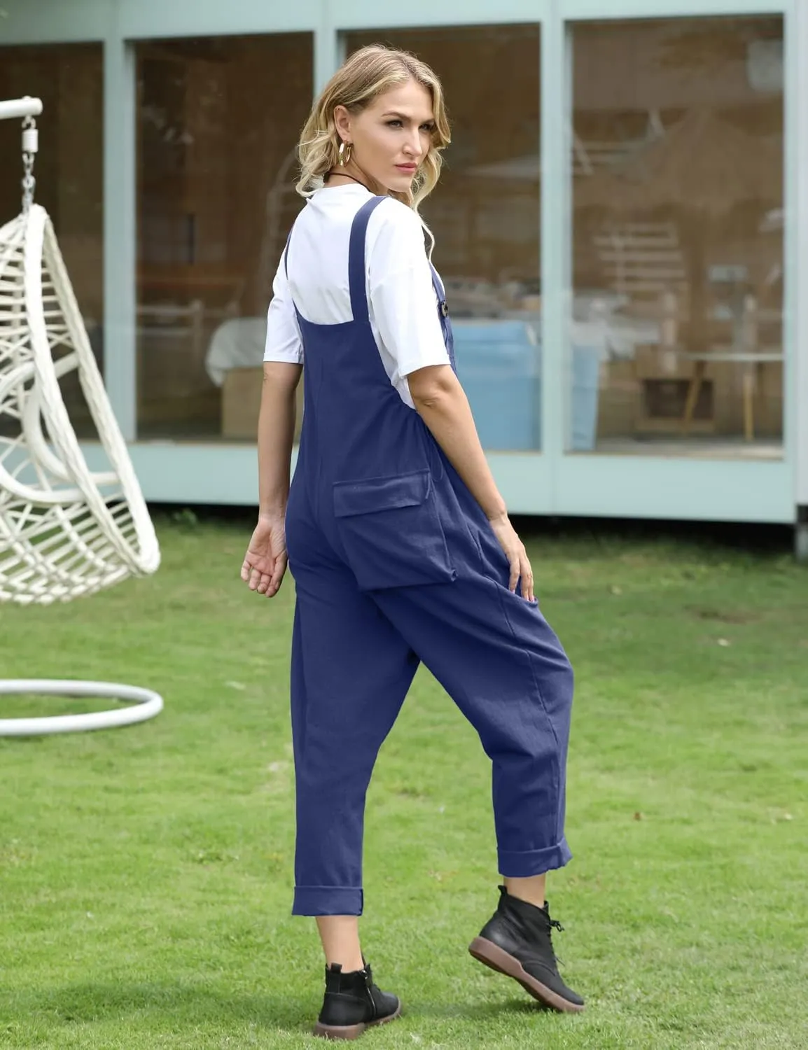 YESNO Women Casual Loose Bib Pants Overalls Baggy Cotton Harem Jumpsuits Rompers with Pockets PV2
