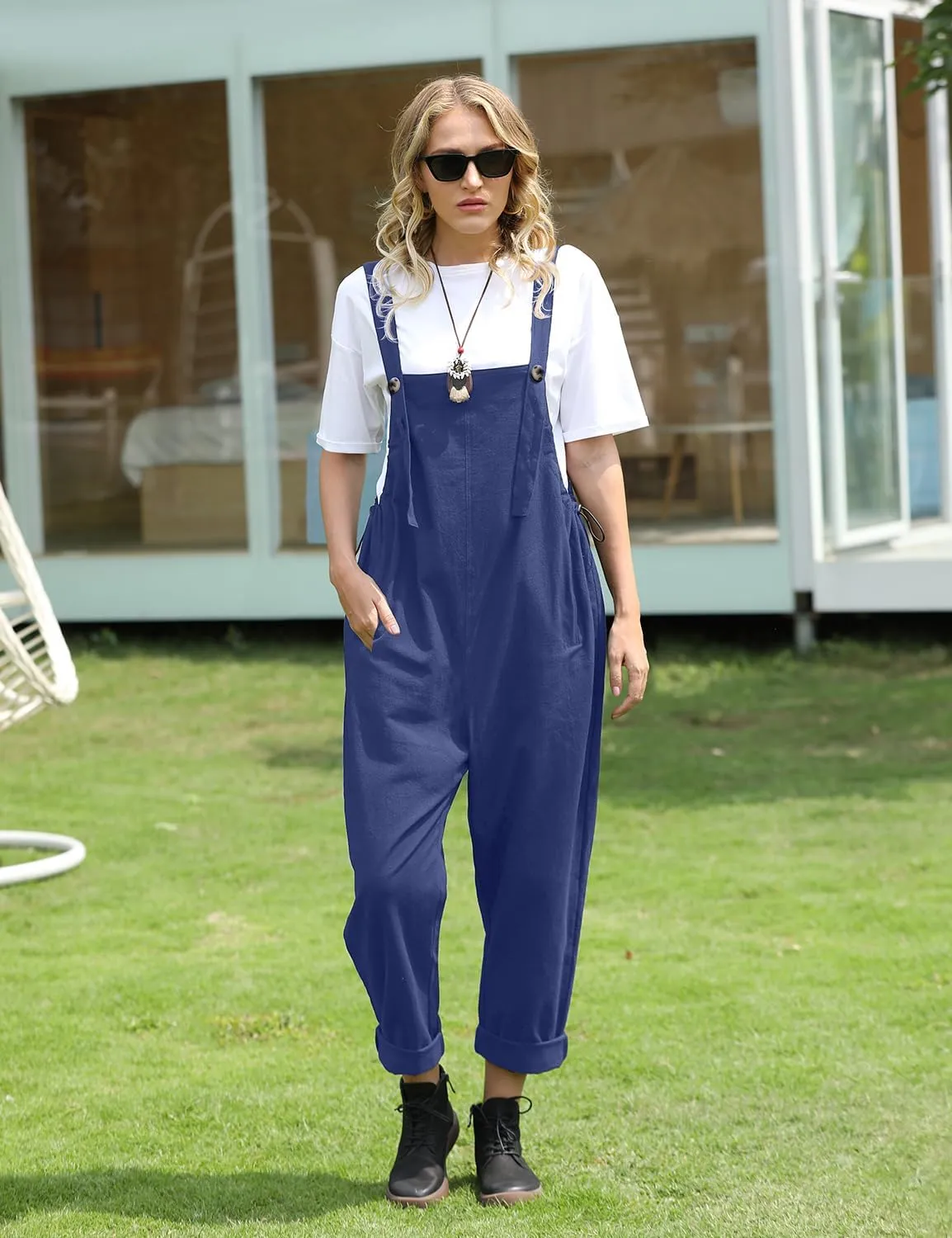 YESNO Women Casual Loose Bib Pants Overalls Baggy Cotton Harem Jumpsuits Rompers with Pockets PV2