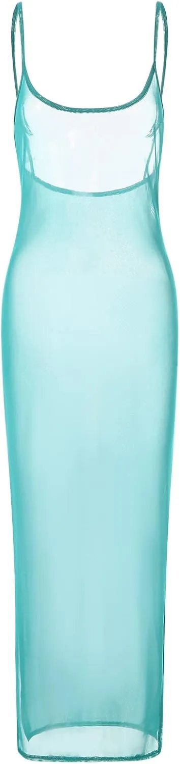 Yoskog Women Sheer Mesh Long Dress Sleeveless Low-Cut See Through Dress Sexy Backless Evening Bodycon Maxi Dress