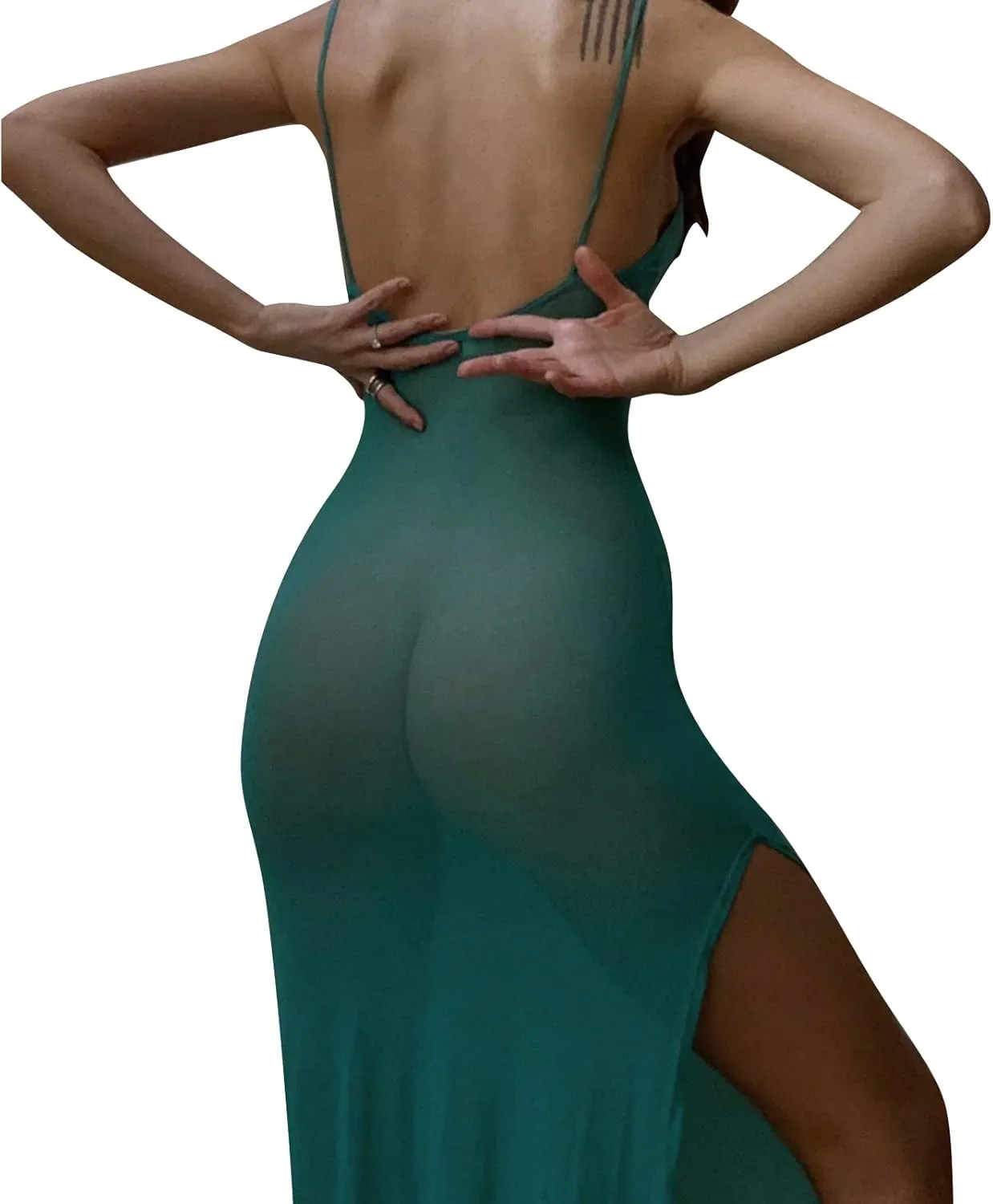 Yoskog Women Sheer Mesh Long Dress Sleeveless Low-Cut See Through Dress Sexy Backless Evening Bodycon Maxi Dress