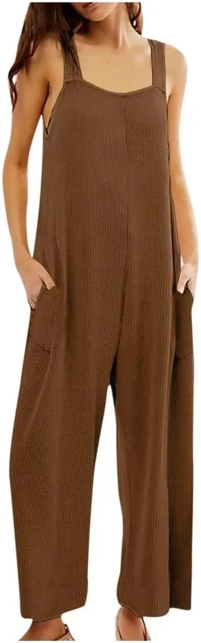 YUTANRAL Jumpsuits for Women Dressy Casual Sleeveless Rompers Cotton Linen Wide Leg Loose Fit Overalls with Pockets