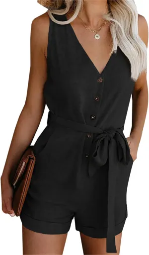 ZWRXW Womens Casual Summer Jumpsuit Loose Sleeveless V Neck Ruffle Belted Waist Solid Short Pant Rompers Tank Tops