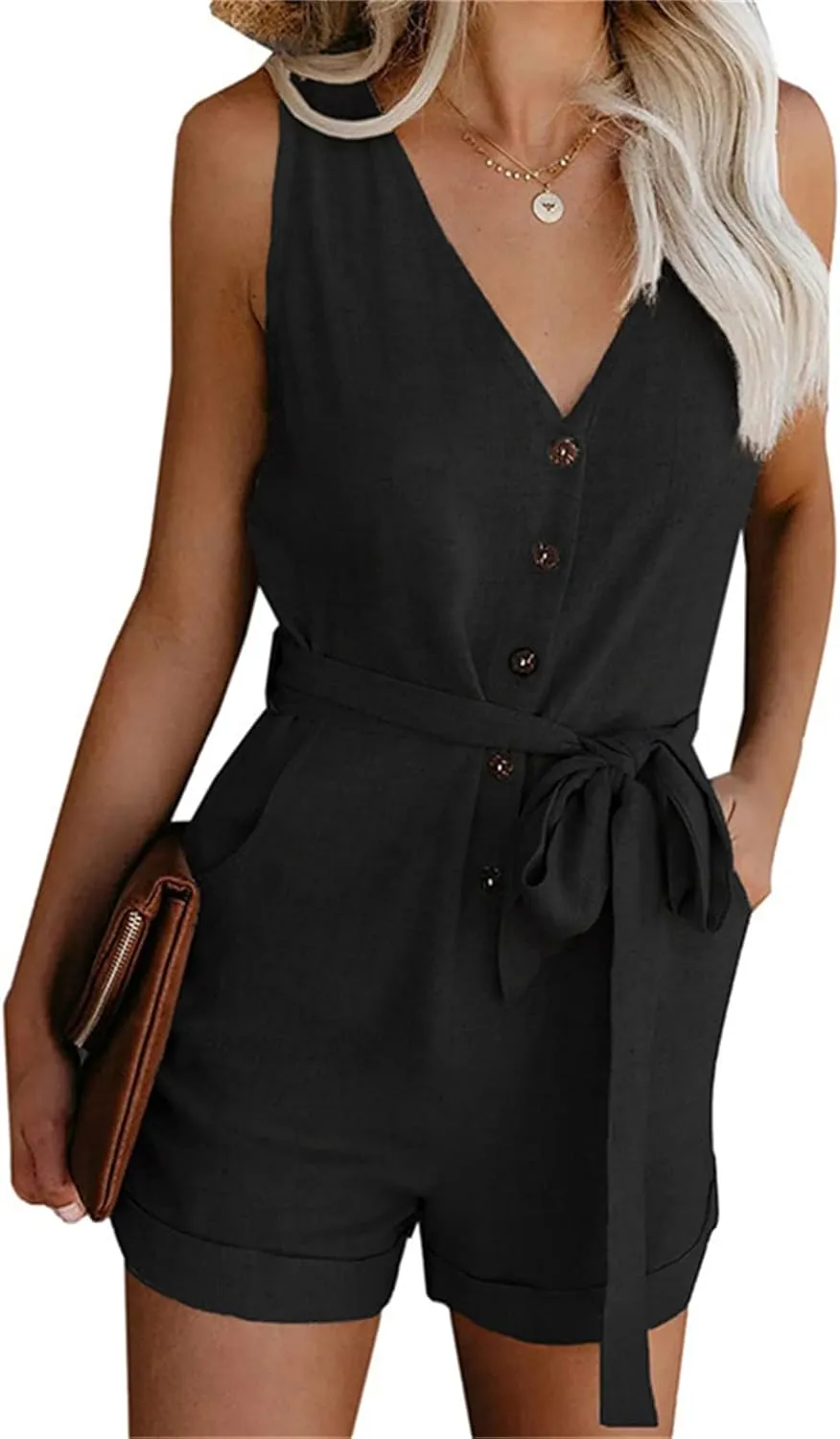 ZWRXW Womens Casual Summer Jumpsuit Loose Sleeveless V Neck Ruffle Belted Waist Solid Short Pant Rompers Tank Tops