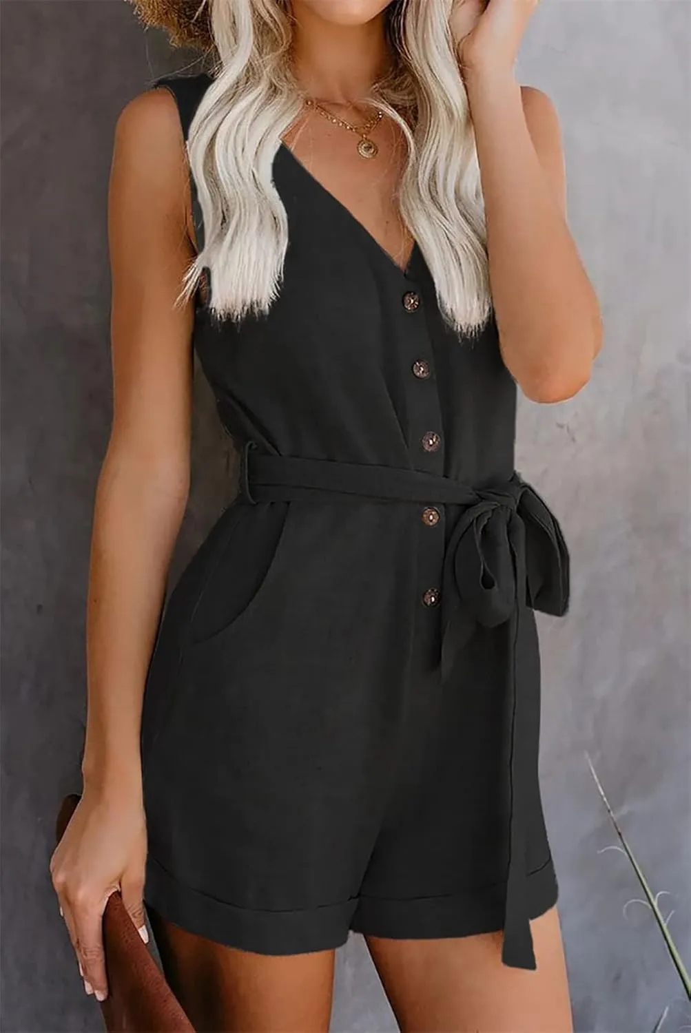ZWRXW Womens Casual Summer Jumpsuit Loose Sleeveless V Neck Ruffle Belted Waist Solid Short Pant Rompers Tank Tops
